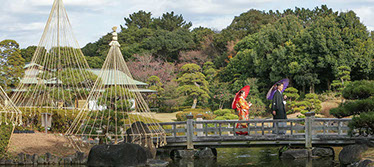 枯山水の飛び石を手を繋いで歩く新郎新婦